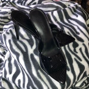 Liliana Black Alligator Patent Leather Pointed Toe  High Heel Mule Sandals